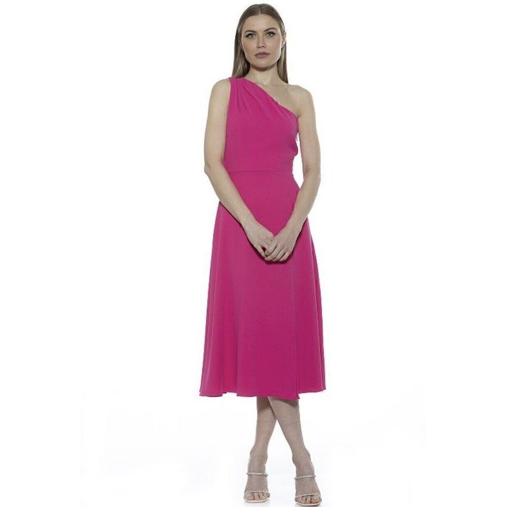 ALEXIA ADMOR Fay One Shoulder Midi Fit and Flare Dress In Pink Floral NWT Size 4